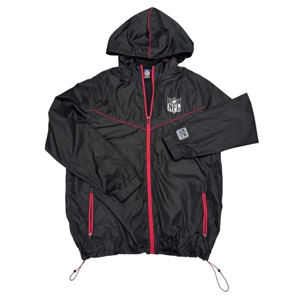 NFL Windbreaker Jacket Mens Medium Black Red Full Zip Hooded Mesh Lined Logo
